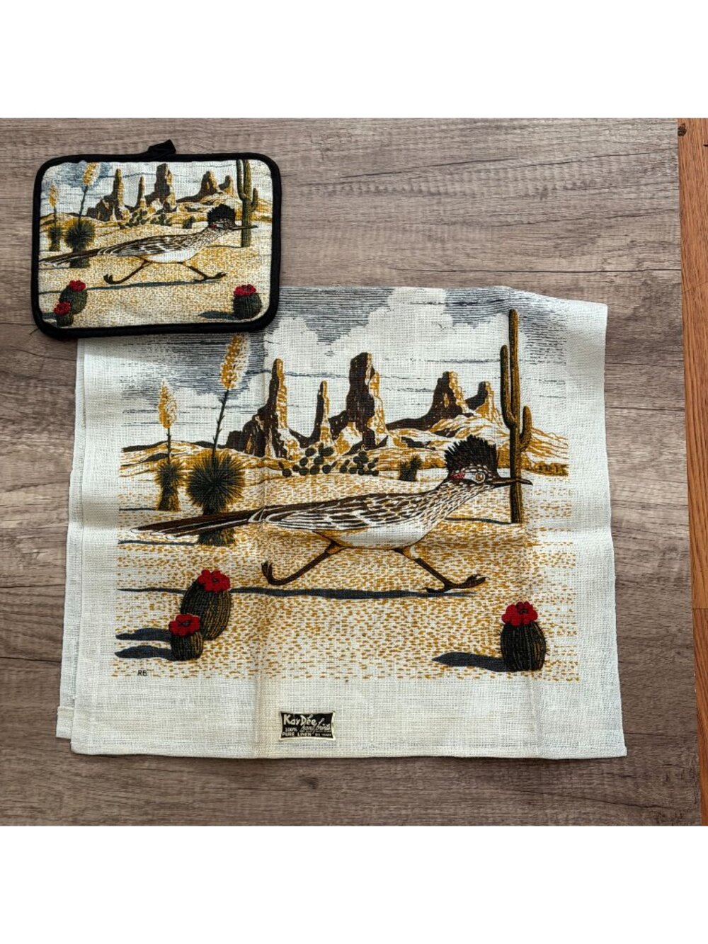 NOS KayDee Handprints 100% Linen Roadrunner Bird Kitchen Towel Oven Mitt MCM 60s